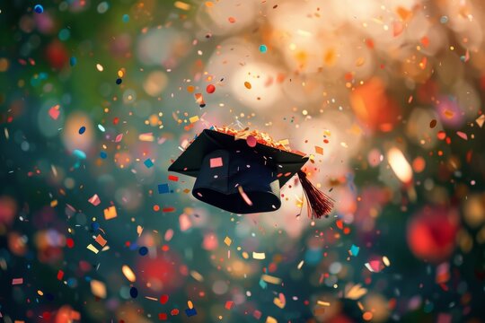 The image captures a graduation cap in focus with a dreamy, blurred confetti backdrop