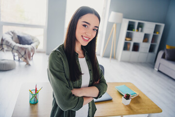 Canvas Print - Photo of pretty young woman crossed hands toothy smile wear shirt modern business center office indoors