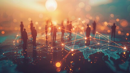 Wall Mural - abstract business network concept with silhouettes of people on the world map