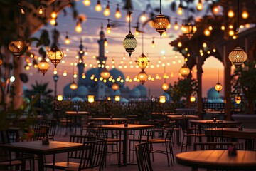 Wall Mural - ramadan night decoration with lanterns and tables in outdoor restaurant, warm lights, mosque background