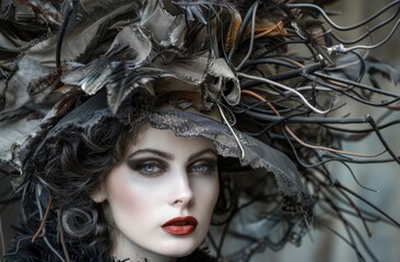 Enigmatic Woman with Ornate Feather Headpiece and Alluring Gaze