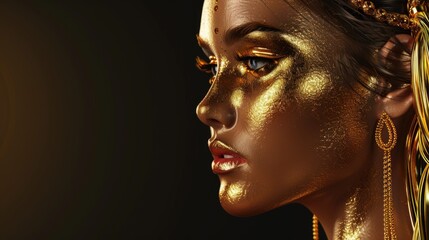 Golden Makeup Beauty Portrait: Fashion Model with Metallic Skin