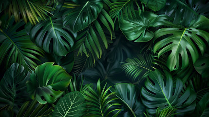  Dark forest scene featuring lush green palm tree and monstera leaves.