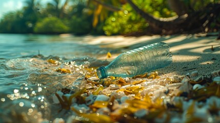 banner mockup illustrating environmental pollution with scattered plastic bottles on the beach shore