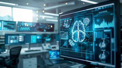 Wall Mural - A computer monitor displays a brain scan with a red dot in the middle. The room is filled with computer monitors and a person is sitting in front of one of them. Scene is futuristic and technological