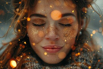 An image of a woman's face glazed with glitter, the snowflakes adding a touch of winter wonder