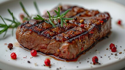 An image of a steak meat on a simple white plate, isolated on a white background