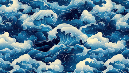 Vector sea waves. Illustration of blue ocean waves with white foam. Isolated water splash set in cartoon style. Element for your design.