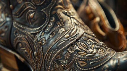 A display of intricately tooled leather boots with detailed stitching and metal embellishments.