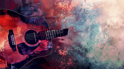 a guitar is painted in a colorful and abstract style, with splatters of paint all over it. scene is 