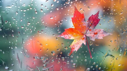 Wall Mural - A wet glass window holding a rainy autumn maple leaf