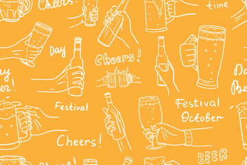 Wall Mural - Seamless pattern of beer, glasses of beer, bottle of beer in hand, glass in hand in doodle style. Mug with beer. Alcoholic drink. Cheers. Great for bar menu design, packaging, pub. Hand drawn.