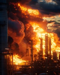 A large oil facility was on fire with smoke and flames in the sky