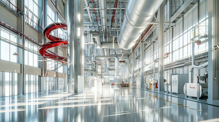 Wall Mural - A wide shot of an empty factory hall with industrial air flow pipes and modern equipment