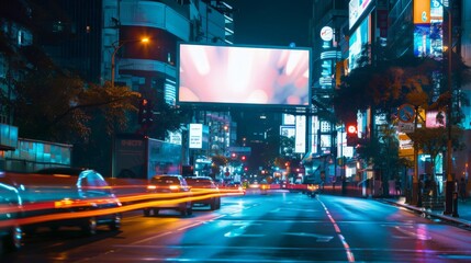 Wall Mural - A mockup of a blank billboard on a busy urban street at night. Car light trails add a sense of motion and vibrancy, ideal for eye-catching advertisements.