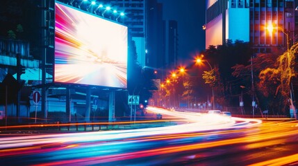 Wall Mural - Blank billboard mockup on a busy street at night, surrounded by the lively motion of car light trails. Perfect for creating impactful and engaging advertisements.