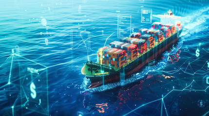 A cargo ship with digital technology symbols floating around it. Concept of global trade or remote monitoring.