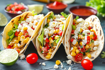  taco with vibrant assortment of ingredients, of corn, red of tomato slices, and the green of lettuce and cilantro leaves. Cinco De Mayo, national holiday mexico
