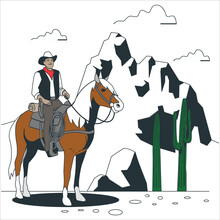 Vintage Cowboy Riding Horse In A Desert Illustration. A Cowboy Riding A Horse In The Mountains With Clouds, Crows And Tree Branches. Silhouette Of Cowboy Couple Riding Horses On A Wooden Sign, Vector
