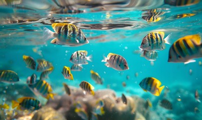 flock of young small school fish under water , Generative AI