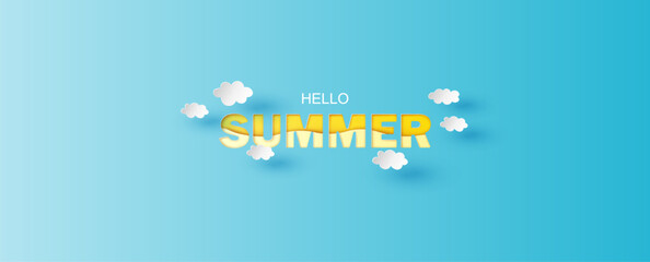 Wall Mural - Aerial view of Hello Summer calligraphy. Hello Summer poster. paper cut and craft style. vector, illustration.