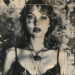 Wall Mural - Close-up black and white photo of a 1970s model, capturing a timeless beauty with a touch of grittiness.