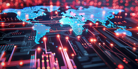 Wall Mural - tech world map, computing global network, artificial intelligence connectivity electronic circuits