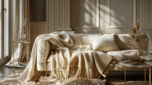 sophisticated beige throw blankets adorned with champagne tassel details, draped over a modern sofa 