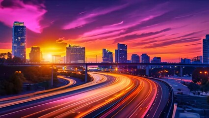 Poster - Sunset creates motion blur on busy city expressway with fast-moving traffic. Concept Cityscape, Motion Blur, Sunset, Urban Traffic, Busy Expressway