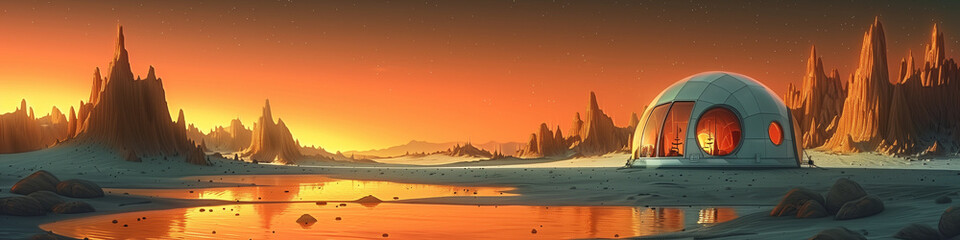 Wall Mural - alien vista illustration; futuristic lab structure; geodesic domes for martian terraforming. space s