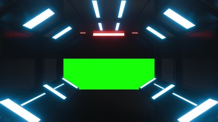 Wall Mural - Opening gate or door in dark futuristic tunnel spaceship or science laboratory corridor . Sci-fi concept design in realistic 3d style. Digital animation with green screen background.