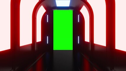 Wall Mural - Opening gate or door in dark futuristic tunnel spaceship or science laboratory corridor . Sci-fi concept design in realistic 3d style. Digital animation with green screen background.