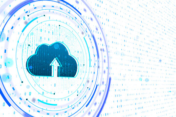 Wall Mural - A digital cloud with an upload arrow, surrounded by futuristic circles and binary code, on a blue and white background, concept of cloud computing