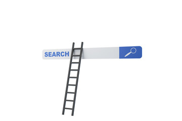 Wall Mural - A ladder reaching a search bar icon on an isolated white background, symbolizing search engine optimization or access to information