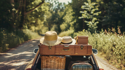 Poster - A car trunk is packed with luggage and a straw hat for a trip