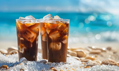 glasses of ice coffee on a marine background , Generative AI