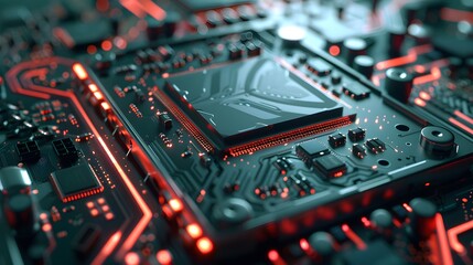 Wall Mural - a 3D rendered macro a GPU, featuring the detailed texture of its memory modules, power connectors, and integrated circuits, bathed in a soft, ambient light to enhance its depth and realism.
