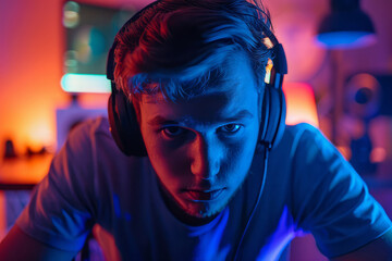 Focused online streamer in vibrant neon lighting environment