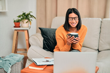 Poster - Smile, coffee and woman with laptop on sofa for online subscription, streaming movie or series in living room. Weekend, drinking tea and person with cup for comedy film, video or entertainment home