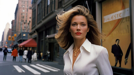 Portrait of the beautiful young woman on the street, 80s era fashion style.