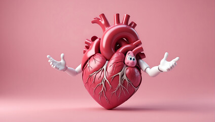 A 3D cartoon illustration of a human heart against a pink background. The heart features a smiling face and has two white arms wrapped around it, giving itself a hug