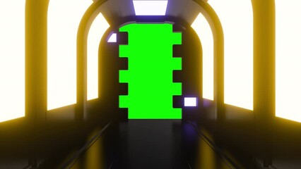 Wall Mural - Opening gate or door in dark futuristic tunnel spaceship or science laboratory corridor . Sci-fi concept design in realistic 3d style. Digital animation with green screen background.