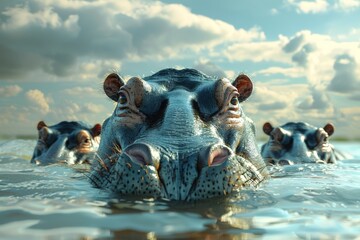 Group of hippos peeking above the water, close-up on the face of the largest animal