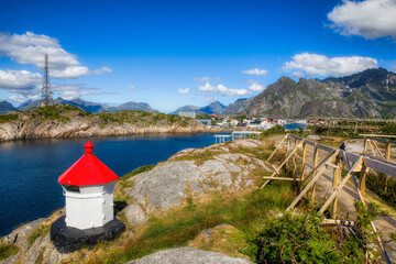 Sticker - Small Lighthouse at the Famous Fishing Village of Henningsvaer in Lofoten, Norway