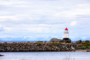 Poster - Lighthouse Hovsund at Hovsvika on Gimsoya in Lofoten, Norway, with the Mountains of Vesteralen in the Background