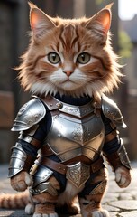 there is a cat wearing a armor outfit sitting on the ground