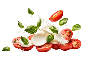 Canvas Print - Falling slices of mozzarella, tomatoes and basil isolated on transparent background, png, cut out.