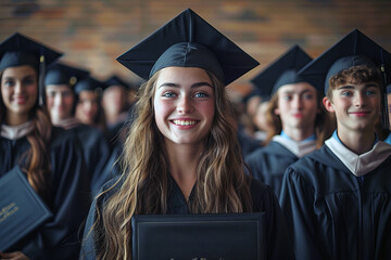 Wall Mural - Graduates wearing caps and gowns hold proudly their diplomas.