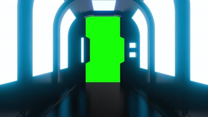 Wall Mural - Opening gate or door in dark futuristic tunnel spaceship or science laboratory corridor . Sci-fi concept design in realistic 3d style. Digital animation with green screen background.