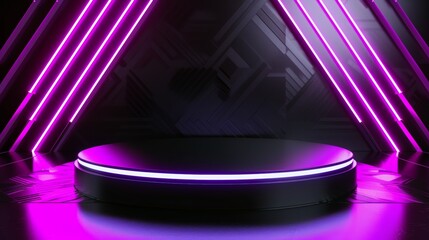 Wall Mural - Futuristic purple neon stage with abstract geometric lighting, creating a vibrant and modern visual effect suitable for presentations or events.